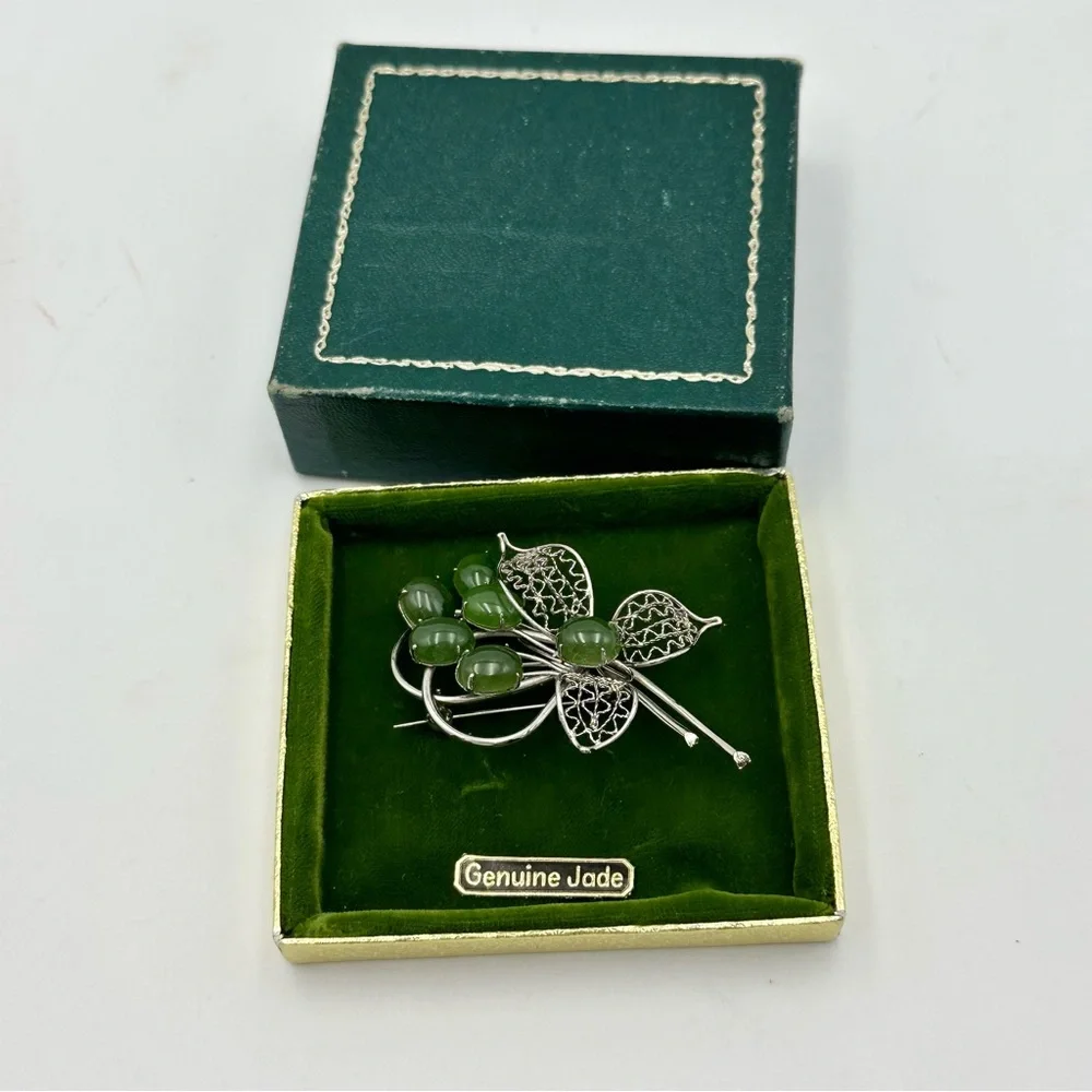 Vintage Genuine Jade Cabochon Leaf Bouquet Brooch Pin